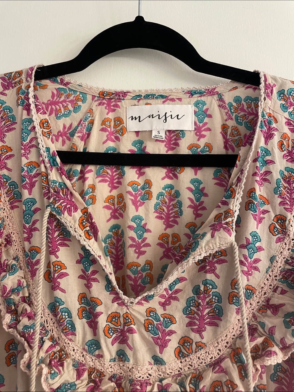 Floral Boho Ruffle Dress in Cream Teal Orange and Pink - Picture 3 of 4